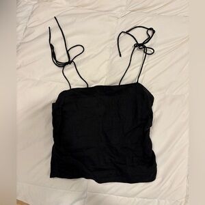 H&M Black Linen Tie-Shoulder Cropped Tank Top